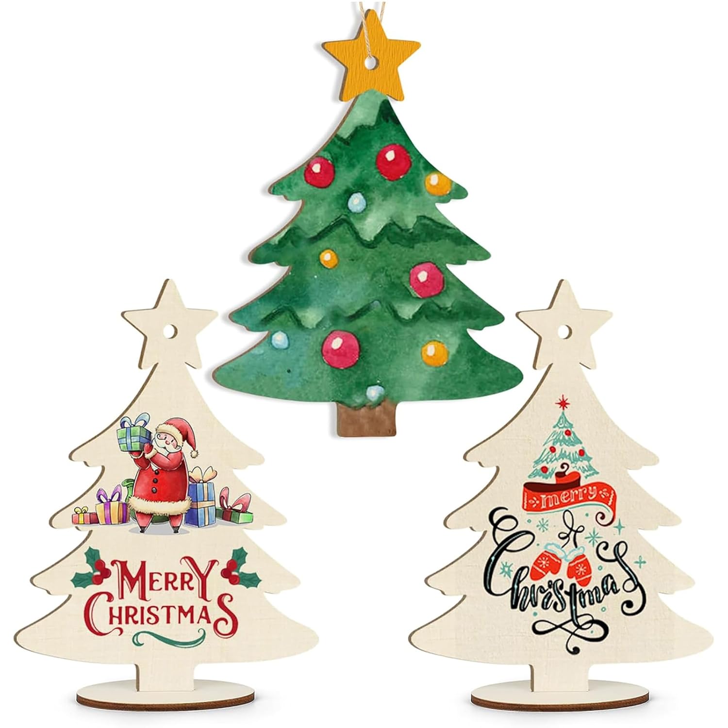 Set of three decorative Christmas trees with ornaments and 'Merry Christmas' text on a white background.