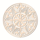 Wooden decorative mandala with intricate cut-out patterns on a white background