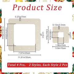 Product size chart with dimensions of a square and smaller rectangle on a festive background.