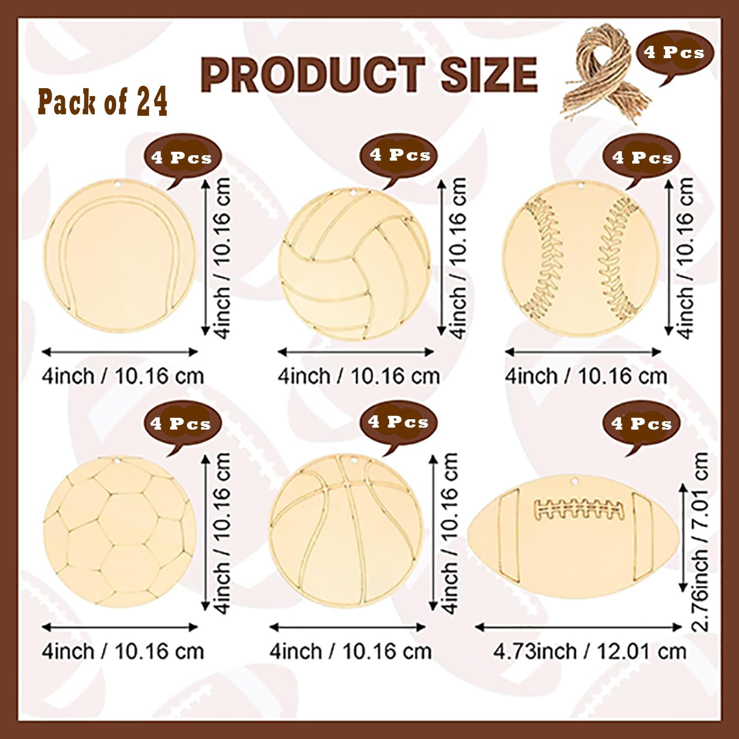 Product size chart for a pack of 24 items with various shapes and dimensions.