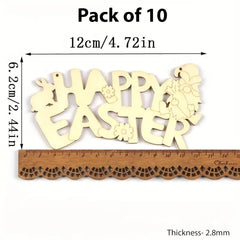 Pack of 10 wooden 'Happy Easter' decorations with measurements and a ruler for scale.