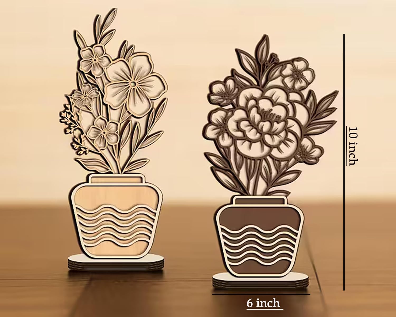 Two decorative potted plants with measurements on a wooden surface