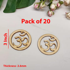 Two wooden 'Om' symbol decorations with measurement details on a light background.