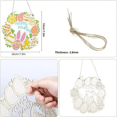 Decorative Easter sign with measurements and a string, held by a hand.