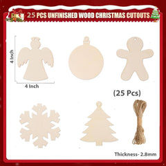 Set of 25 unfinished wood Christmas cutouts with measurements and description on a white background.