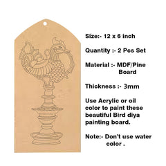 Bird diya painting board with dimensions, quantity, material, and usage instructions on a white background.