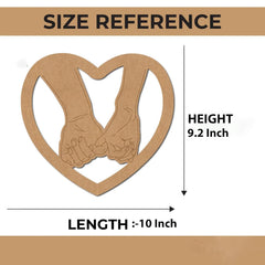 Size reference of a wooden cutout with hands holding each other in a heart shape, showing height and length measurements.