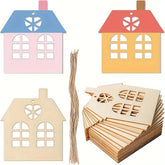 Set of colorful house-shaped wooden cutouts with a stack of plain ones on a white background.