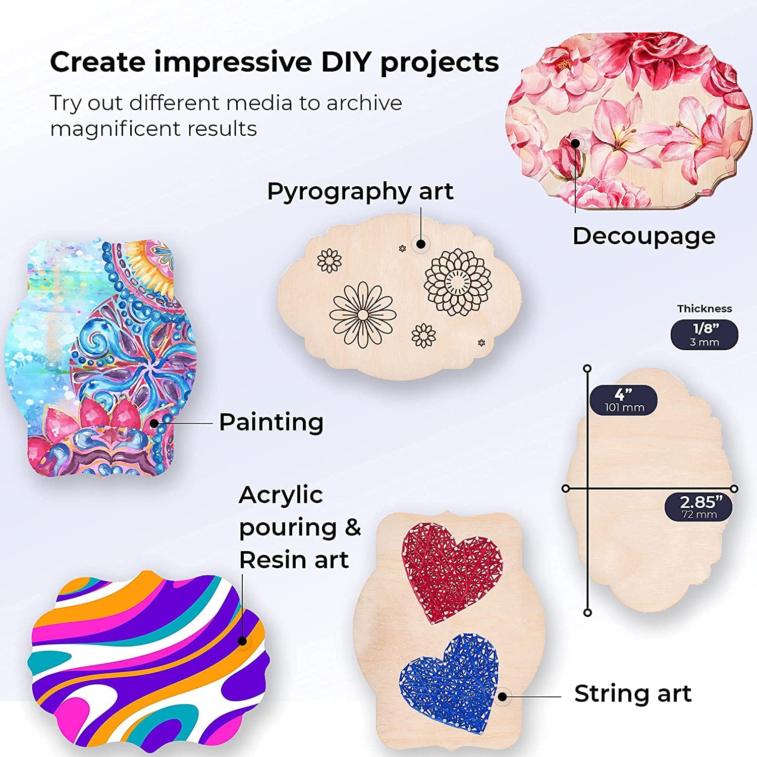 Wooden art tools with various artistic applications and decorative items.