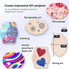Wooden art tools with various artistic applications and decorative items.