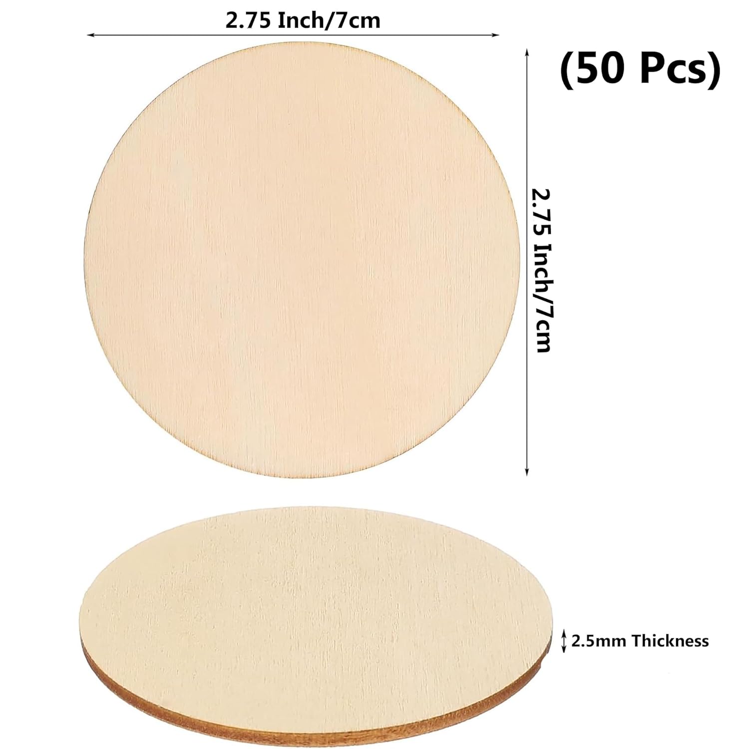 Two round wooden coasters with measurements and text indicating size and quantity.