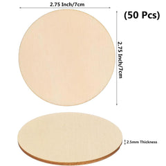 Two round wooden coasters with measurements and text indicating size and quantity.