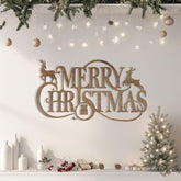 Decorative 'Merry Christmas' sign with reindeer on a wall with festive decorations.