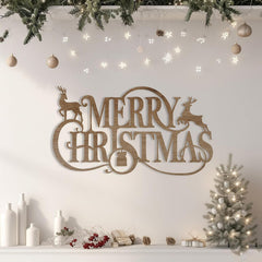 Decorative 'Merry Christmas' sign with reindeer on a wall with festive decorations.