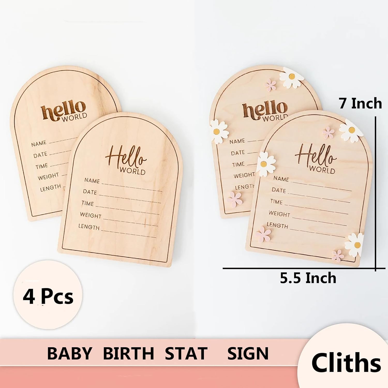 Set of four baby birth statistics signs with dimensions and product details on a white background.