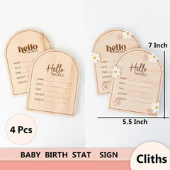 Set of four baby birth statistics signs with dimensions and product details on a white background.