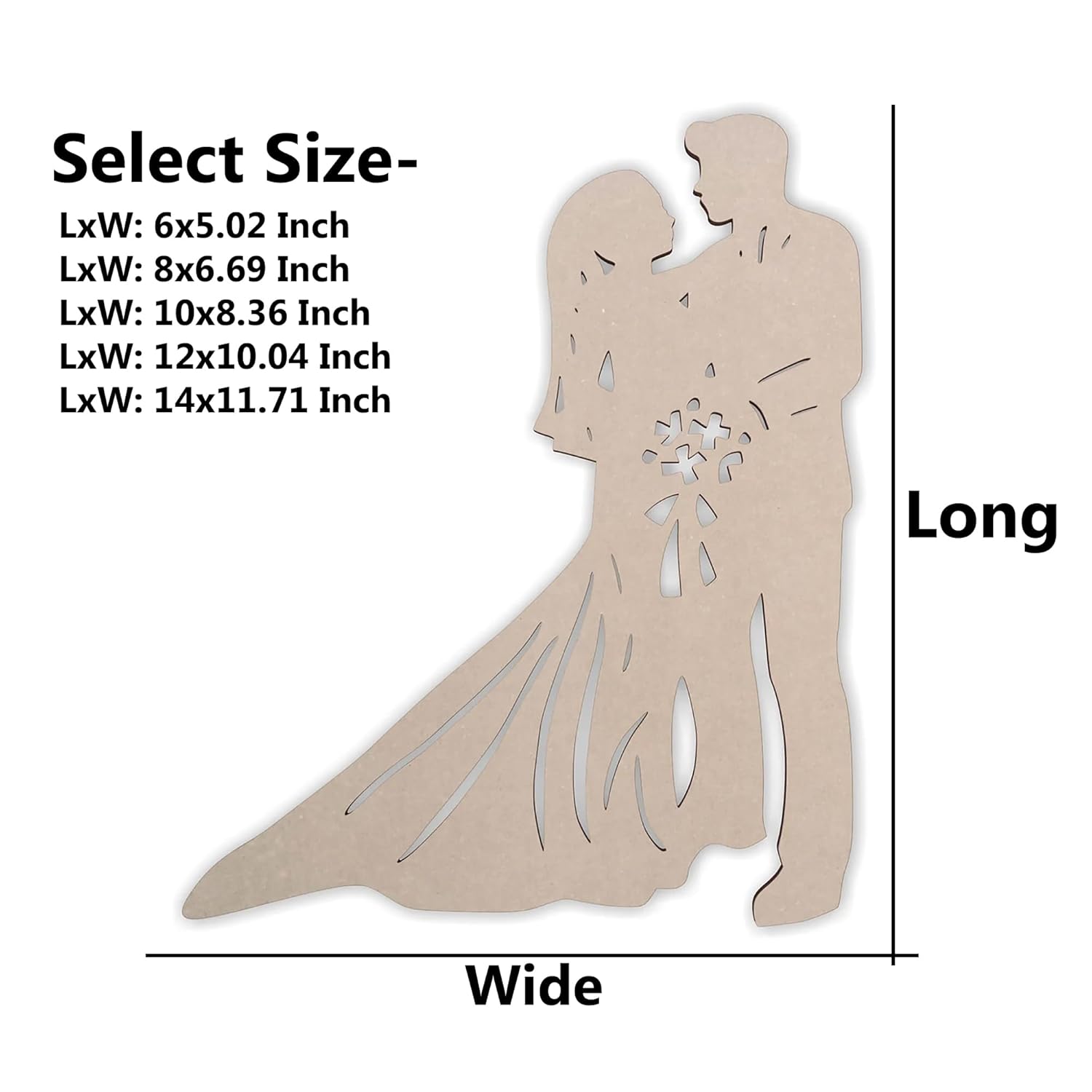 Wooden cutout of a couple with dimensions listed on a white background