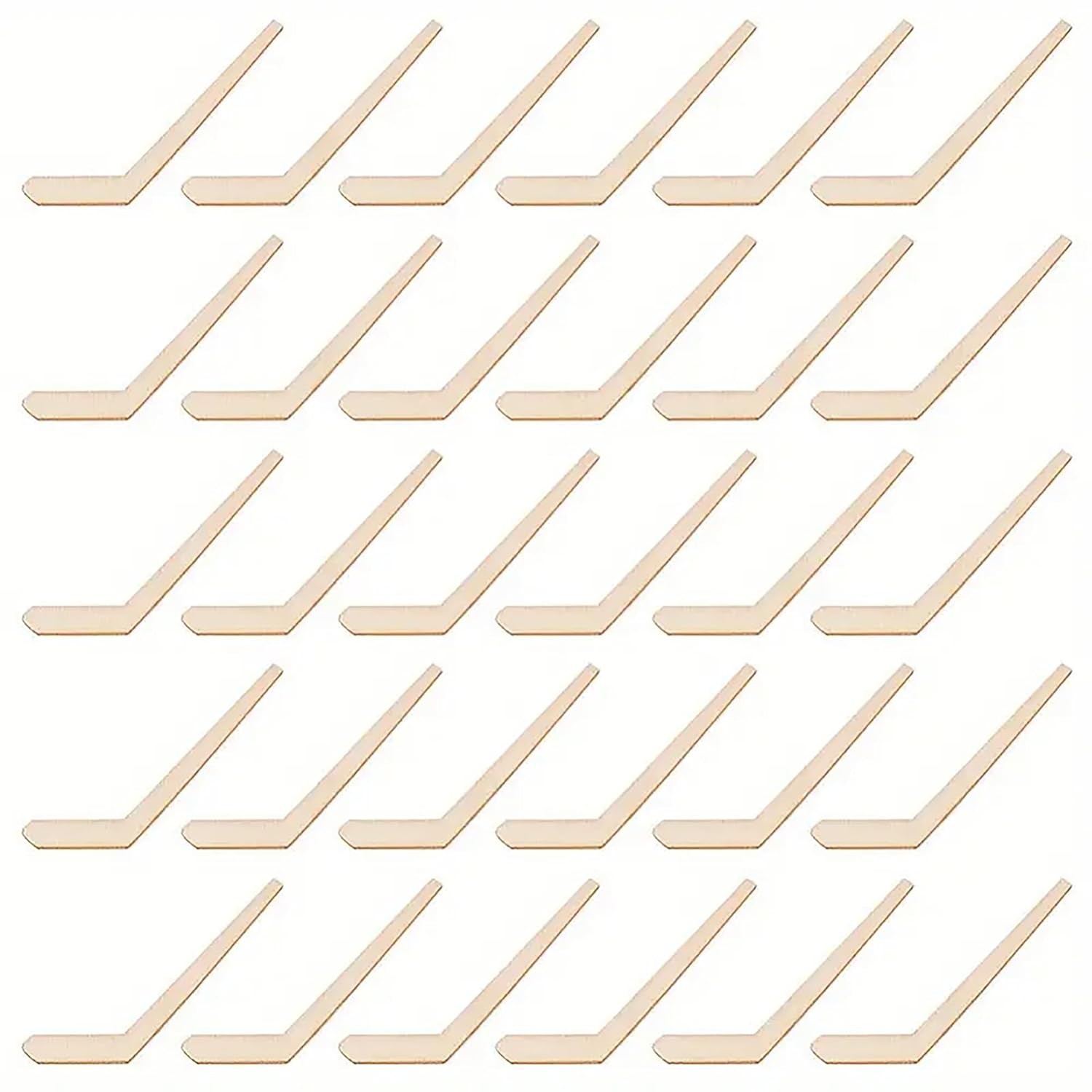 Set of wooden hockey sticks arranged in a grid on a white background