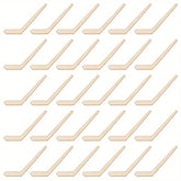 Set of wooden hockey sticks arranged in a grid on a white background