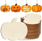 Wooden pumpkin-shaped cutouts with decorative pumpkins and text on a white background