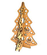 Wooden Christmas tree decoration with cut-out designs on a white background