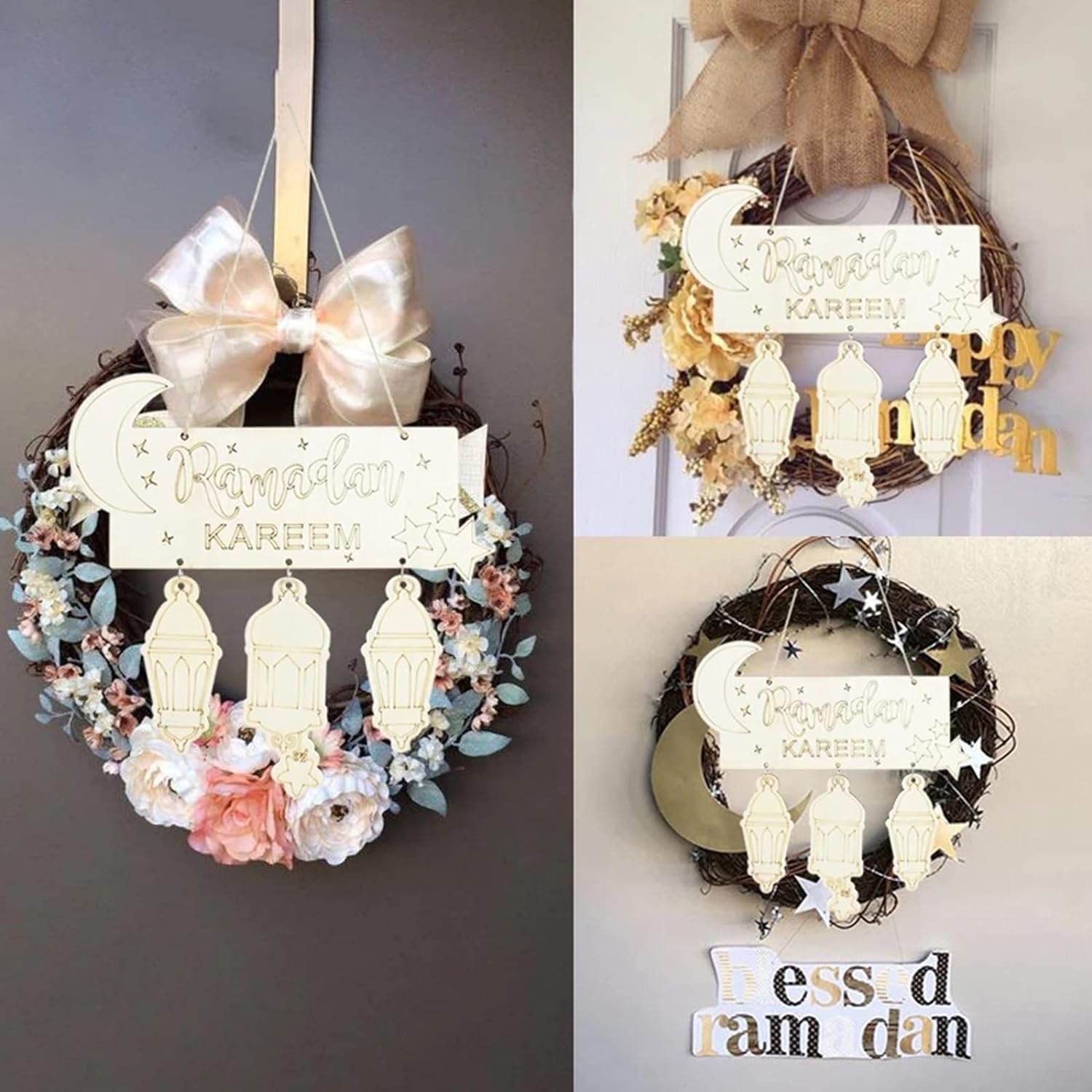 Decorative wreaths with 'Ramadan Kareem' and 'Blessed Ramadan' signs, featuring lanterns and floral elements.
