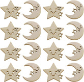 Set of wooden moon, star, and smiley face decorations on a white background