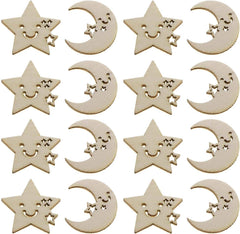 Set of wooden moon, star, and smiley face decorations on a white background