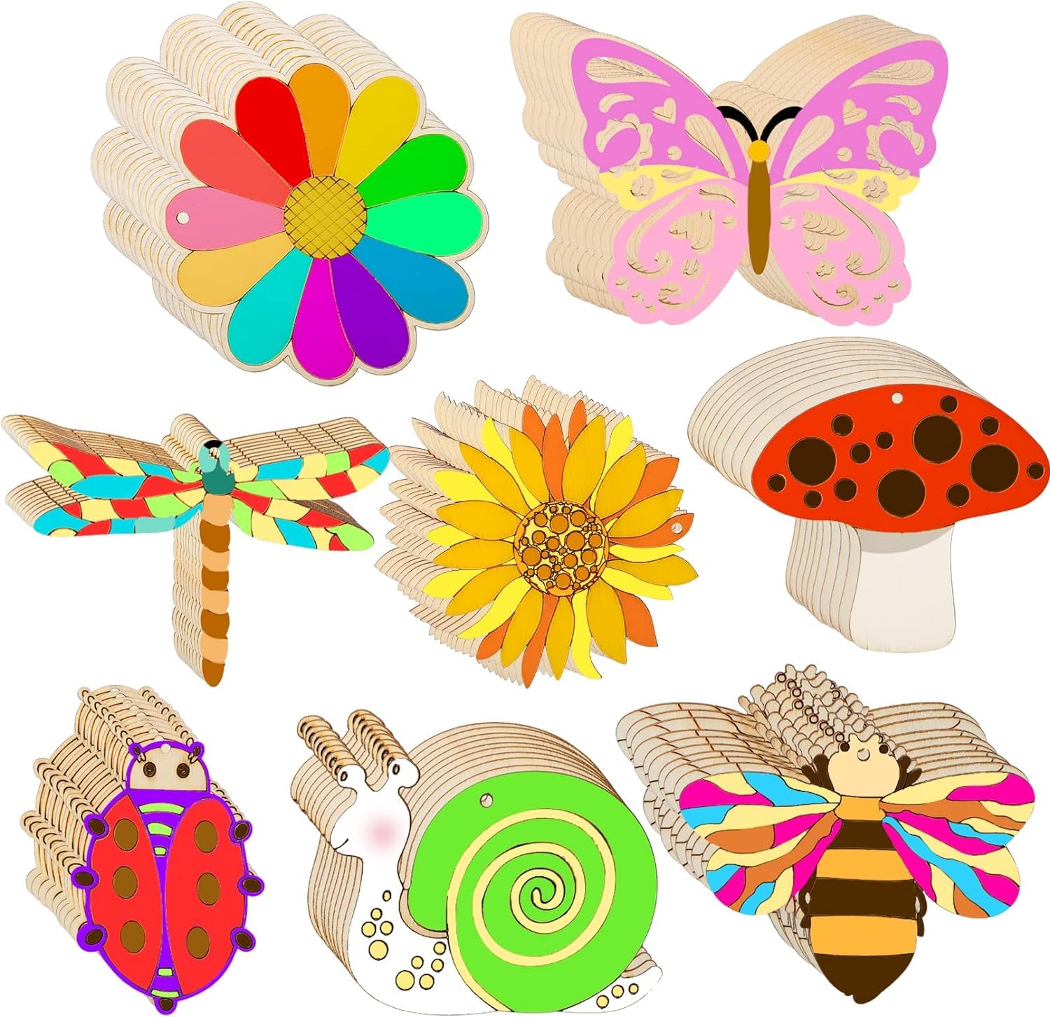 Set of colorful wooden craft shapes including a flower, butterfly, dragonfly, sunflower, mushroom, ladybug, snail, and bee on a white background.