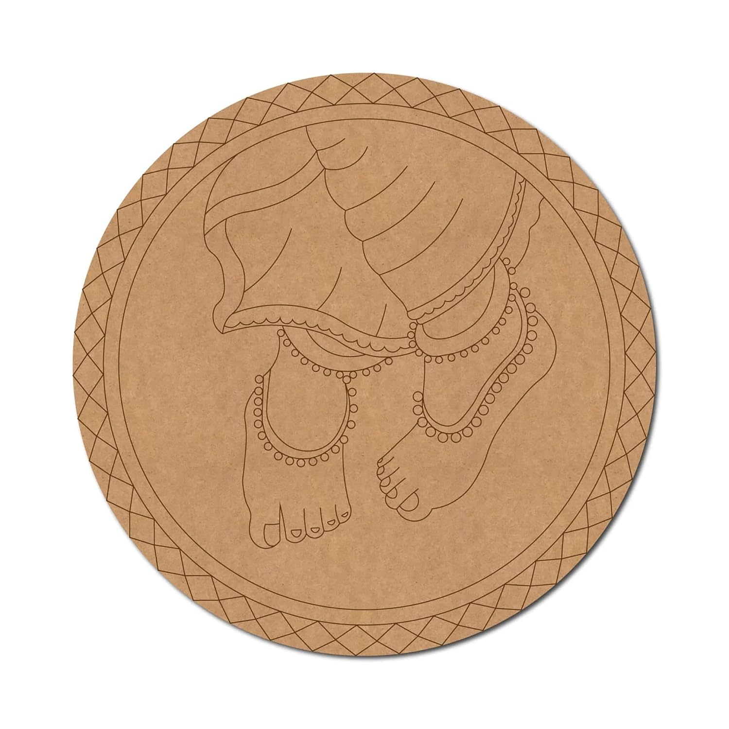 Round cardboard cutout of a foot with jewelry on a white background