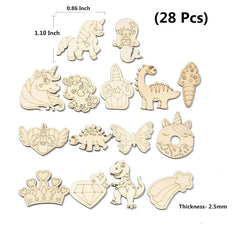 Set of 28 wooden animal and fantasy-themed cutouts with measurements on a white background