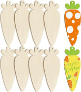 Set of wooden carrot-shaped tags with painted examples on the right.