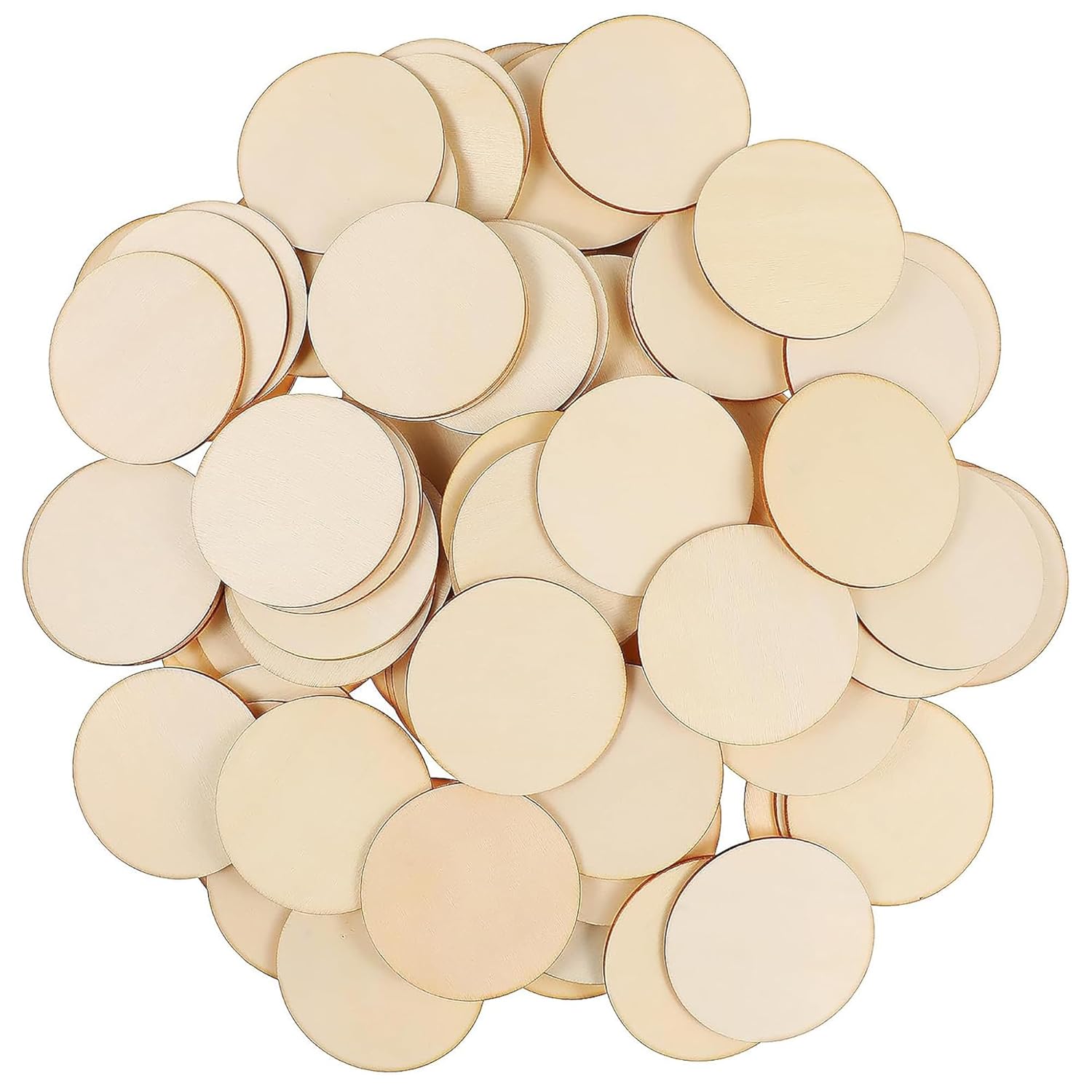 Stack of round wooden cutouts on a white background