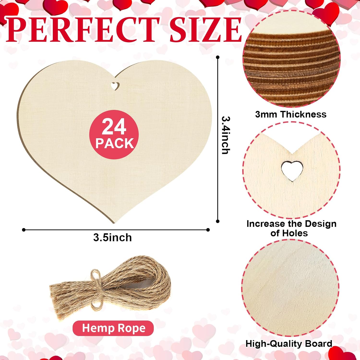 Heart-shaped wooden cutouts with measurements and materials on a heart-themed background