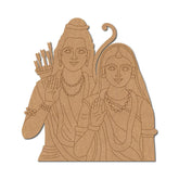 Wooden cutout of two figures with traditional attire on a white background