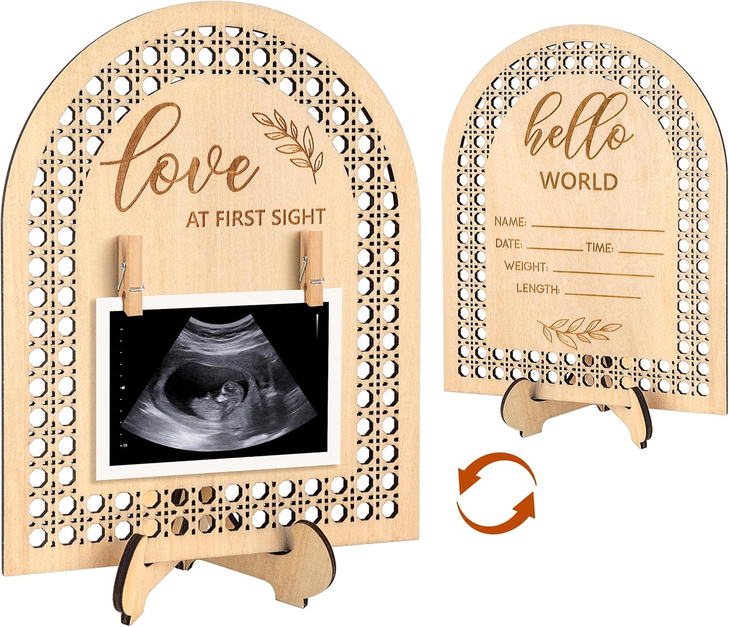 Wooden photo frame with cut-out design, ultrasound image, and 'hello world' card.