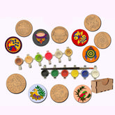 Set of wooden coasters with colorful designs, paintbrush, and paint palette on a white background