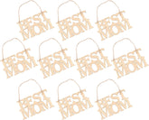 Multiple wooden 'Best Mom' signs hanging against a white background