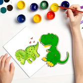 Children painting dinosaur figures with watercolors on a white sheet of paper.