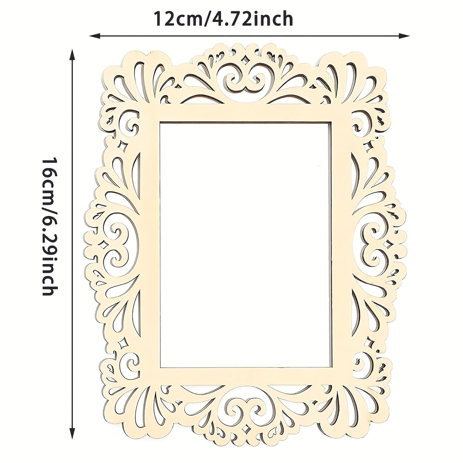 Decorative photo frame with intricate patterns and measurements on a white background