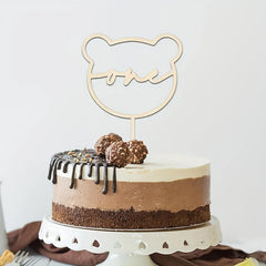 Cliths Wooden Bear Shape One Cake Topper for 1st Birthday Party Decoration MDF Cake Insert Sign for Baby Boy Girl Smash