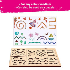 Wooden puzzle with cut-out shapes and a coloring book with geometric shapes on a white background.