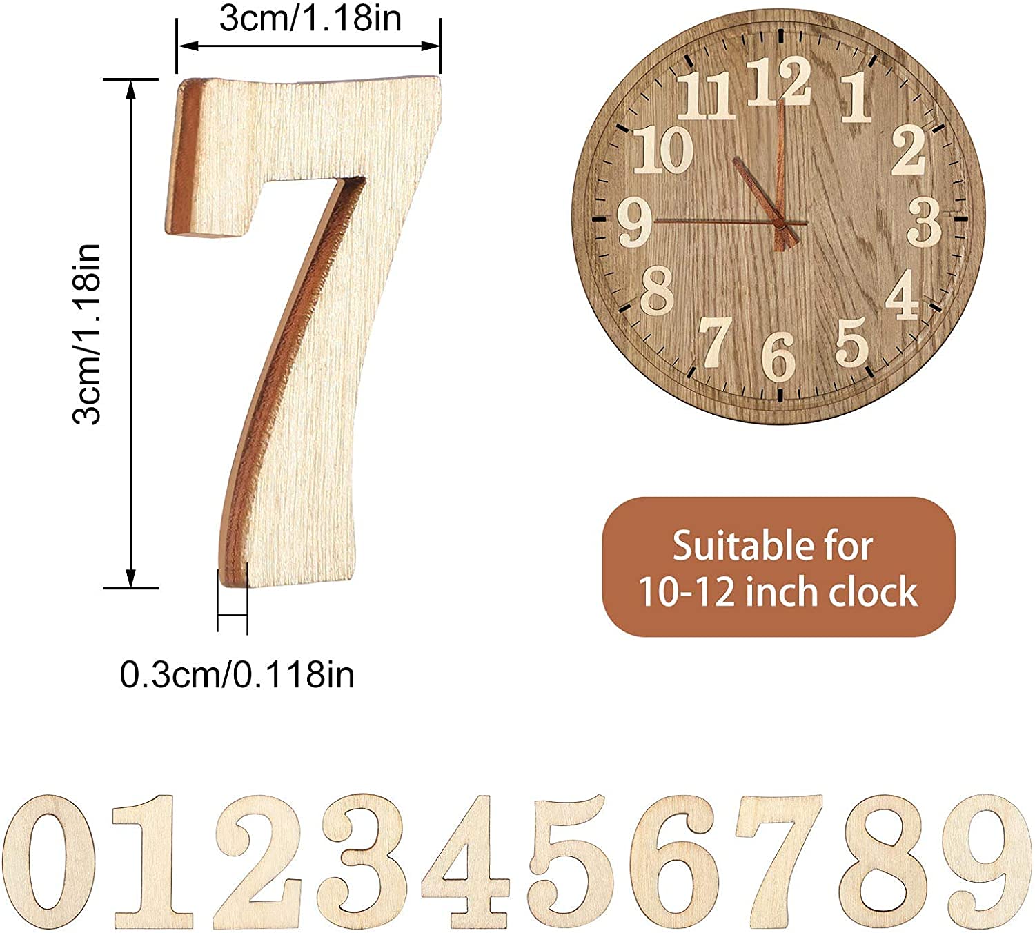 Wooden number '7' with dimensions and compatibility information for a clock.
