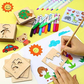 Children's art supplies including markers, stamps, and coloring books on a yellow surface.