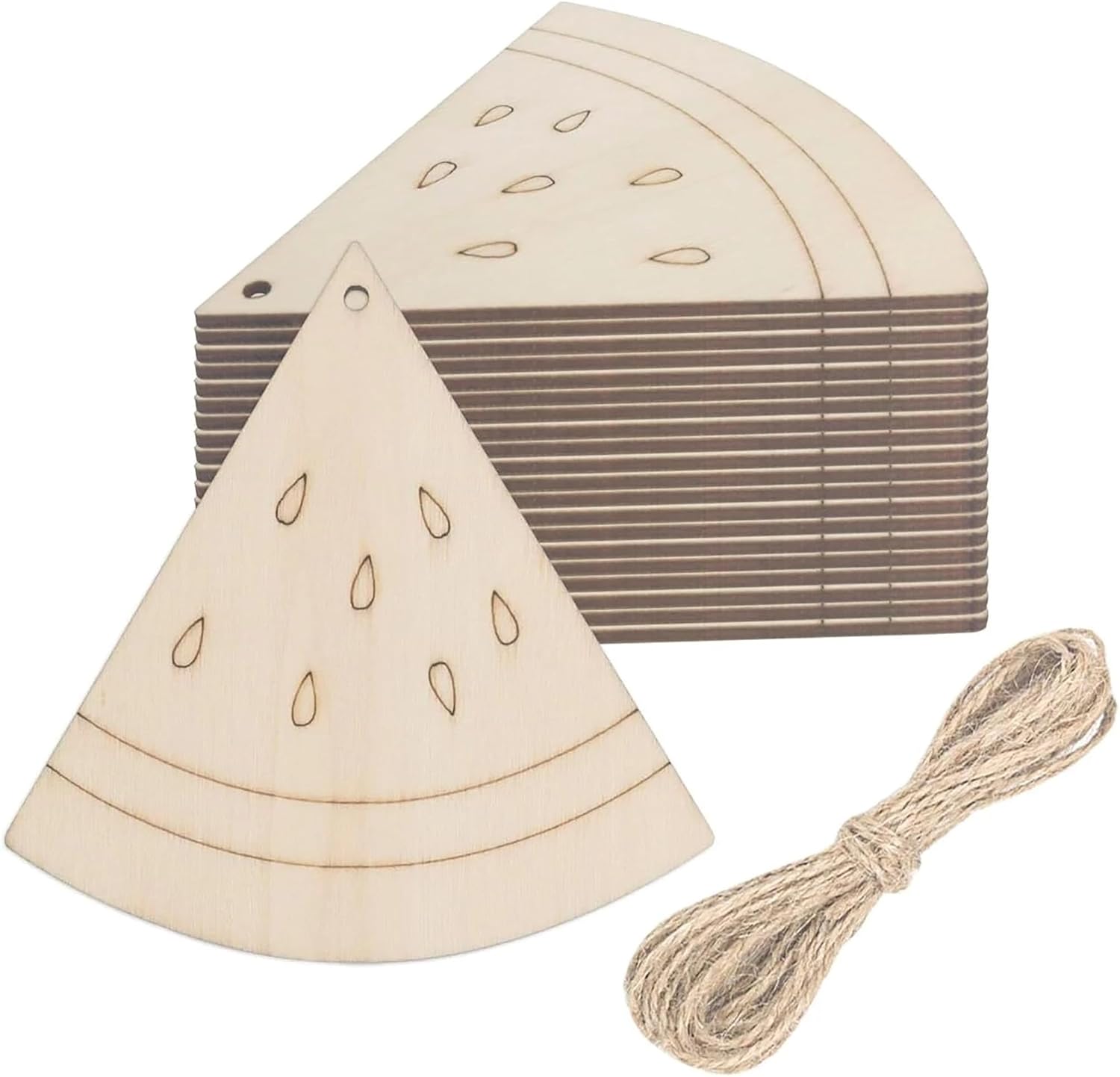 Wooden watermelon slices with string on a white background