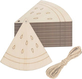 Wooden watermelon slices with string on a white background