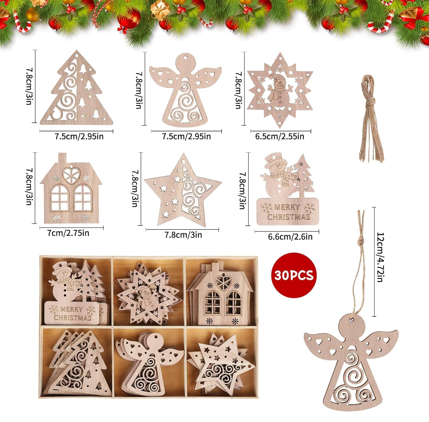 Set of wooden Christmas ornaments with measurements and packaging display.
