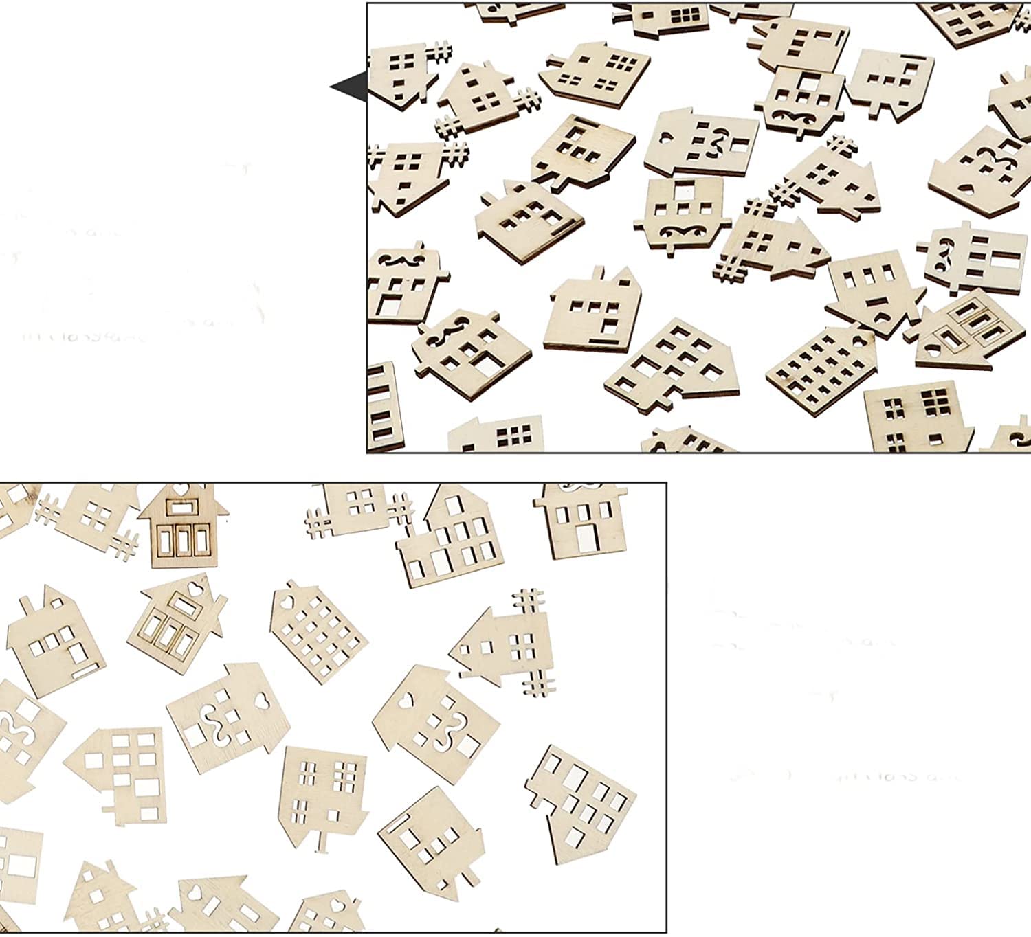 Small wooden house shapes scattered on a white background