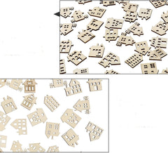 Small wooden house shapes scattered on a white background