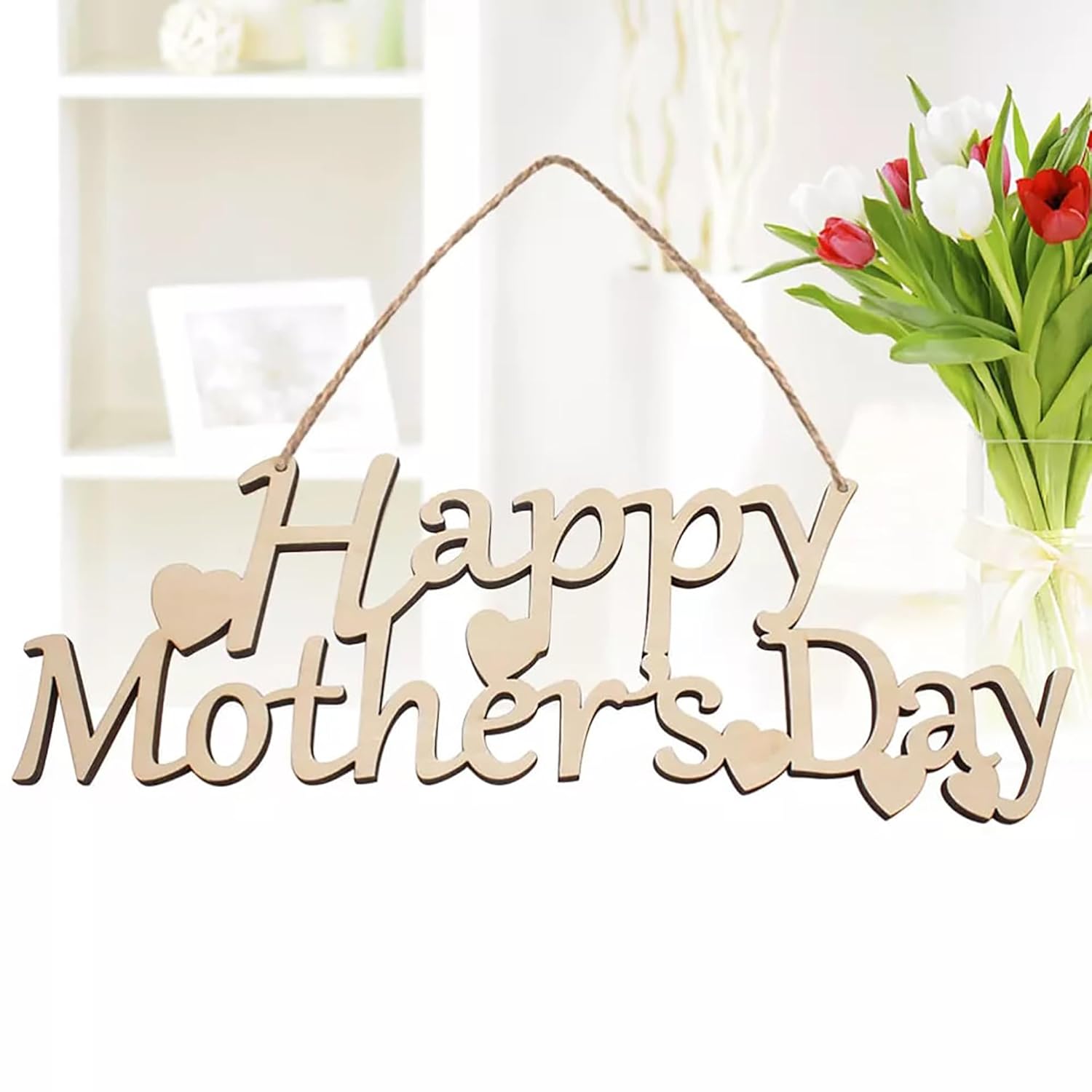 Wooden 'Happy Mother's Day' sign with tulips in the background